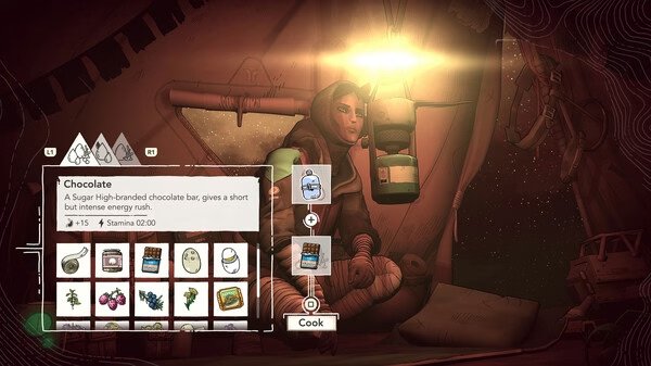 Cairn screenshot showing a cooking menu with food items and a character sitting inside a dimly lit tent.