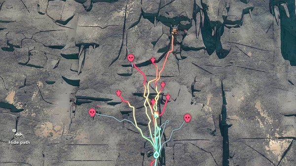 Screenshot from the game Cairn shows a rock climber scaling a cliff, with colorful paths and symbols indicating the climbing route.