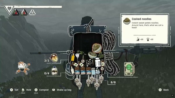 Screenshot from Cairn game showing an open backpack with various items, including cooked noodles and tools, set against a mountain background.