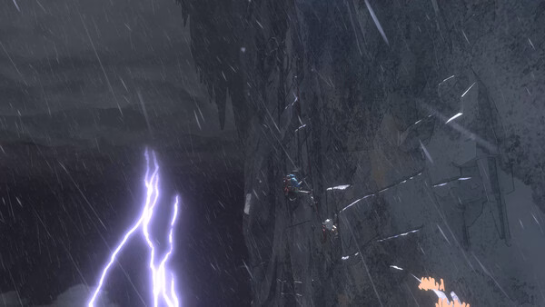 Screenshot from the game Cairn, showing a climber scaling a steep, rocky cliff amidst heavy rain and lightning.