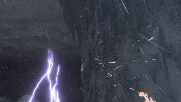 Screenshot from the game Cairn, showing a climber scaling a steep, rocky cliff amidst heavy rain and lightning.