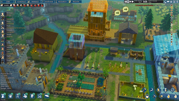 Screenshot from Going Medieval showing a developed settlement with farms, buildings, and workers in a vibrant, green landscape.
