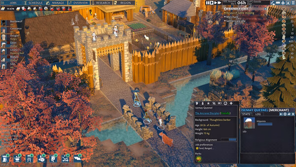 Screenshot of Going Medieval showing settlers building a wooden fort with stone walls, surrounded by trees and a river.