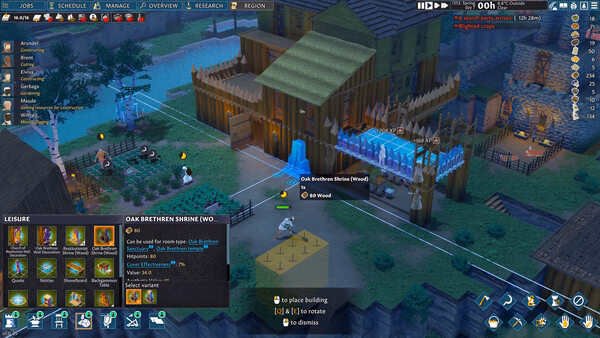 Screenshot from Going Medieval showing a village with buildings, a shrine under construction, and UI elements visible.