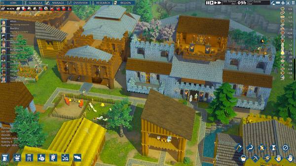 A screenshot from Going Medieval showing a medieval settlement with stone and wooden buildings, farm animals, and surrounding greenery.