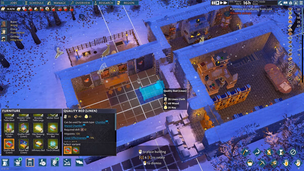 Screenshot from Going Medieval showing a snowy village scene with a furniture menu open and a highlighted bed placement grid.