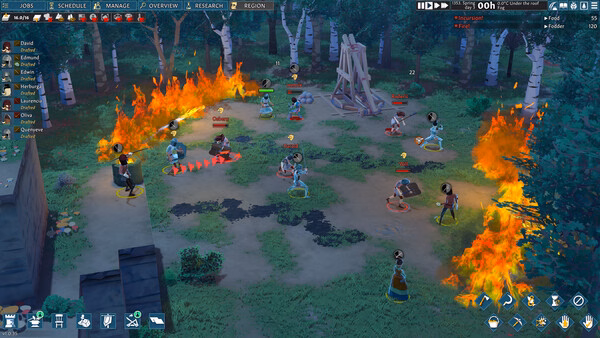 Screenshot from Going Medieval showing a fiery battle scene with settlers defending against attackers in a forested area.