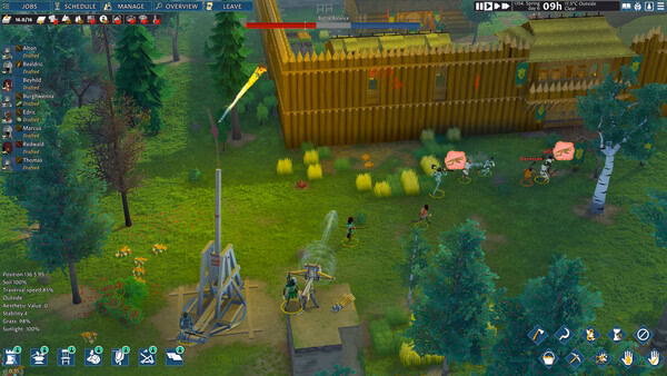 Screenshot from Going Medieval showing a wooden fort under attack. Defenders and a trebuchet are visible amid lush greenery.
