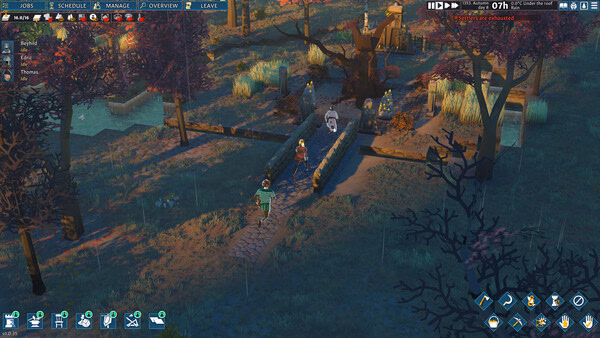 Screenshot from Going Medieval showing characters walking on a stone path through a medieval village with trees and buildings around.