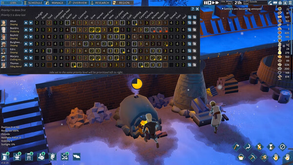 Screenshot from Going Medieval showing a priority management menu overlay and settlers working near a lit furnace in a snowy environment.