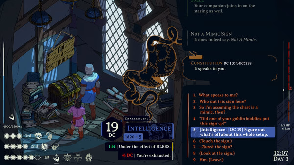 Screenshot from Esoteric Ebb: A character in a mystical library interacts with a glowing sign, choosing dialogue options.