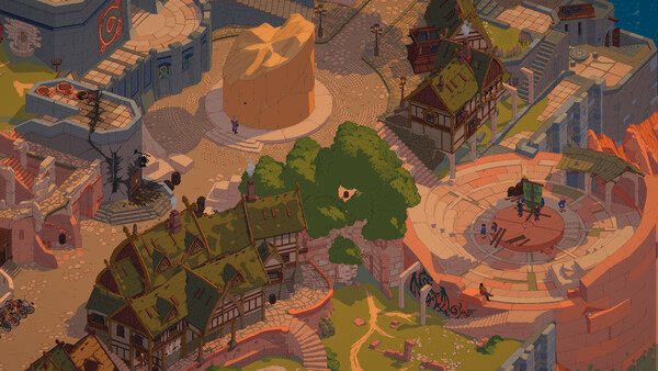 Screenshot from Esoteric Ebb showing a vibrant town square with medieval buildings, a large tree, and a mysterious golden statue.