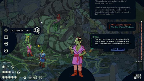 Screenshot of Esoteric Ebb showing a dialogue scene in a forest, with characters discussing an incident and quest updates visible.