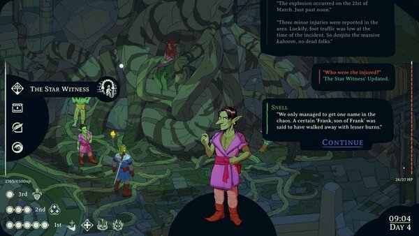 Screenshot of Esoteric Ebb showing a dialogue scene in a forest, with characters discussing an incident and quest updates visible.