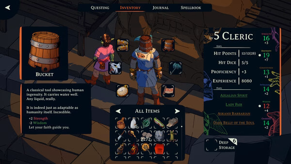 Screenshot from Esoteric Ebb: Inventory screen showing a bucket and various items with character stats on the right.