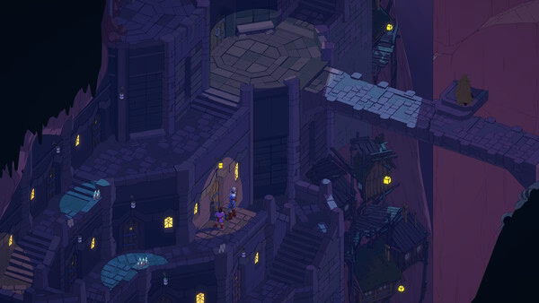 Screenshot from Esoteric Ebb game showing a character standing by a door in a mysterious, dimly lit castle setting.