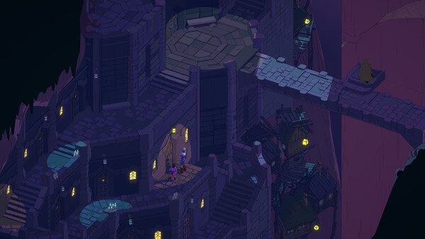 Screenshot from Esoteric Ebb game showing a character standing by a door in a mysterious, dimly lit castle setting.