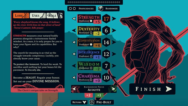 Screenshot of Esoteric Ebb showing character creation with stats like Strength, Dexterity, and Wisdom alongside a silhouette figure.