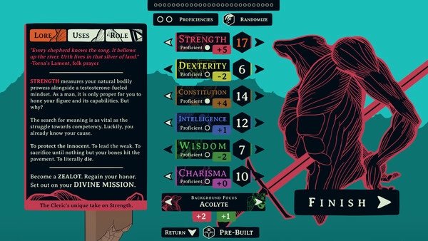 Screenshot of Esoteric Ebb showing character creation with stats like Strength, Dexterity, and Wisdom alongside a silhouette figure.