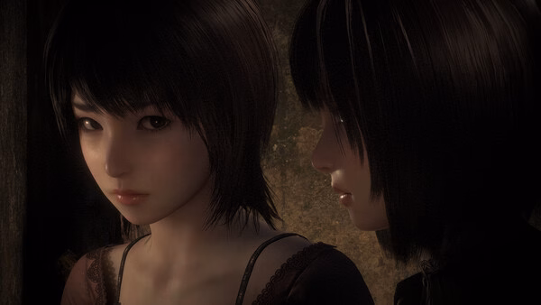 Screenshot from FATAL FRAME II: Crimson Butterfly REMAKE showing two characters in a dimly lit scene, highlighting their hairstyles.