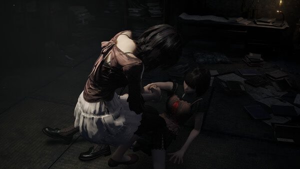 Screenshot of FATAL FRAME II: Crimson Butterfly REMAKE showing two female characters in a dimly lit room.
