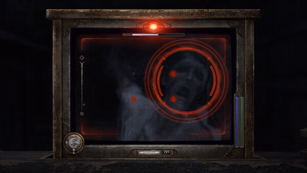 Screenshot from FATAL FRAME II: Crimson Butterfly REMAKE showing a ghostly face captured in a camera frame with red target markers.