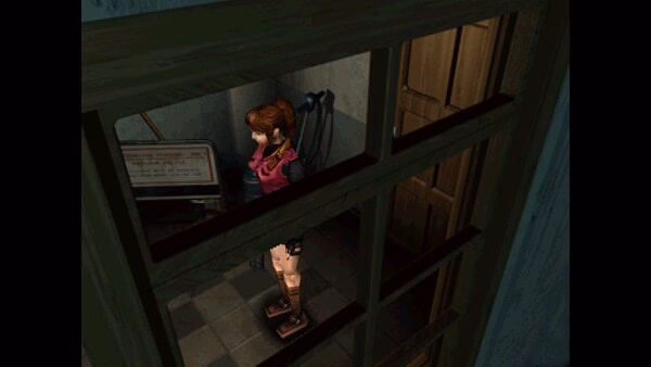 Screenshot from Resident Evil 2 (1998) showing a character in a small room with a stretcher and wooden door visible.