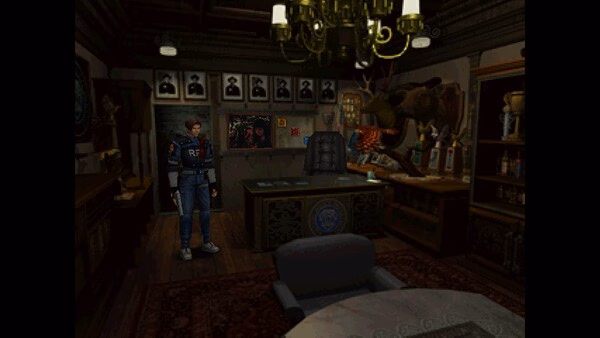 Resident Evil 2 (1998) screenshot: Leon S. Kennedy stands in the RPD chief's ornate office, surrounded by trophies and decorations.