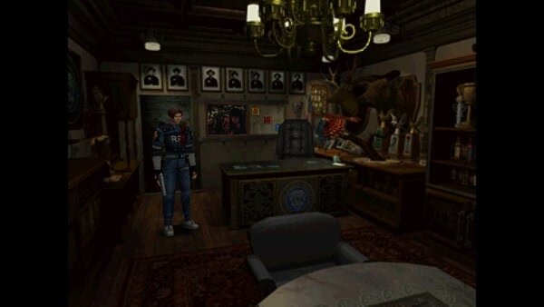 Resident Evil 2 (1998) screenshot: Leon S. Kennedy stands in the RPD chief's ornate office, surrounded by trophies and decorations.