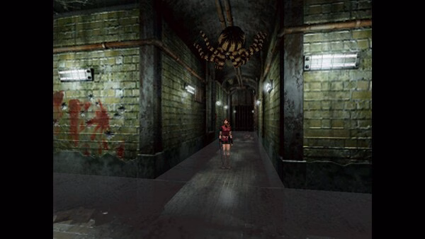 Resident Evil 2 (1998) screenshot: A character stands in a dimly lit corridor as a giant spider hangs from the ceiling above.