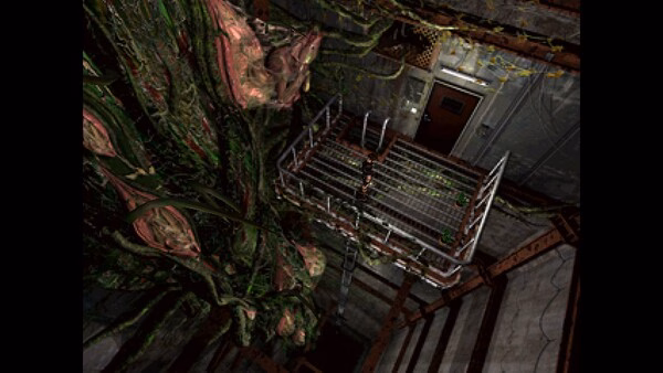 Screenshot from Resident Evil 2 (1998) showing a character on a metal walkway surrounded by large, grotesque plant-like growths.