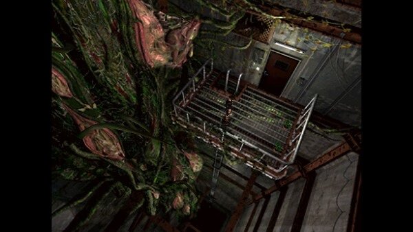 Screenshot from Resident Evil 2 (1998) showing a character on a metal walkway surrounded by large, grotesque plant-like growths.