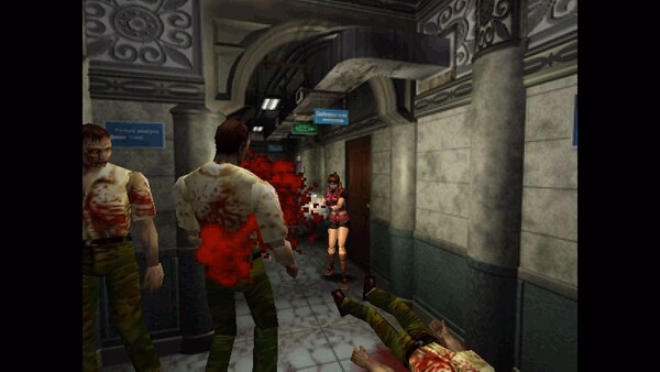Resident Evil 2 (1998) screenshot: A character in red aims a gun at zombies in a detailed corridor environment.