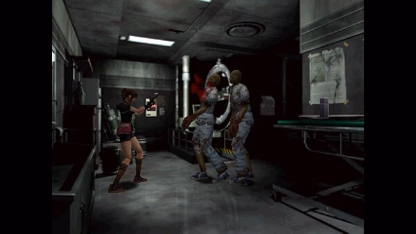 Resident Evil 2 (1998) screenshot: A character aims a pistol at two approaching zombies in a dimly lit lab.
