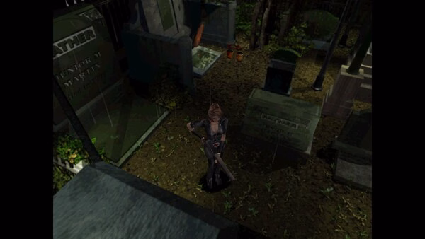 Resident Evil 3 Nemesis (1999) screenshot: Character stands in a dimly lit graveyard surrounded by tombstones and foliage.