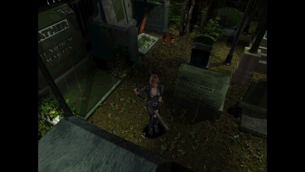 Resident Evil 3 Nemesis (1999) screenshot: Character stands in a dimly lit graveyard surrounded by tombstones and foliage.