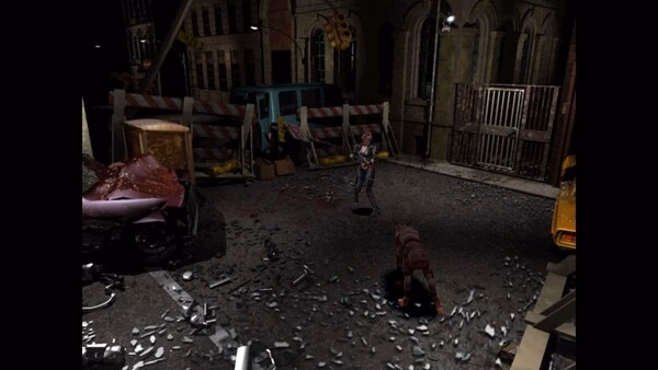 Screenshot from Resident Evil 3 Nemesis (1999) showing a character aiming a weapon at a creature in a debris-filled urban setting.