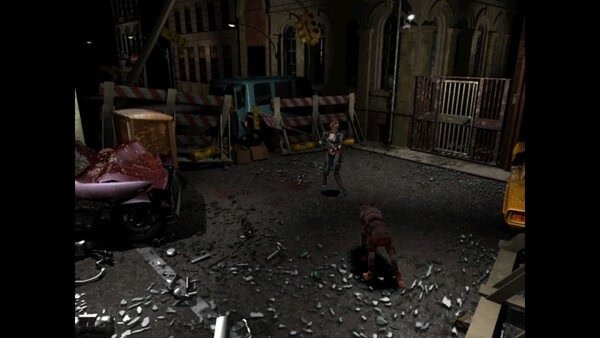 Screenshot from Resident Evil 3 Nemesis (1999) showing a character aiming a weapon at a creature in a debris-filled urban setting.