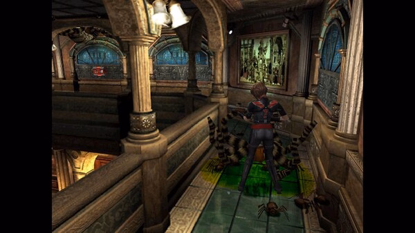 Screenshot of Resident Evil 3 Nemesis (1999) showing a character facing large spiders in an ornate hallway with gothic architecture.