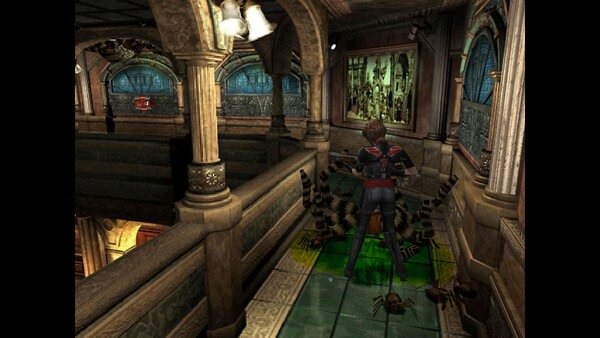 Screenshot of Resident Evil 3 Nemesis (1999) showing a character facing large spiders in an ornate hallway with gothic architecture.