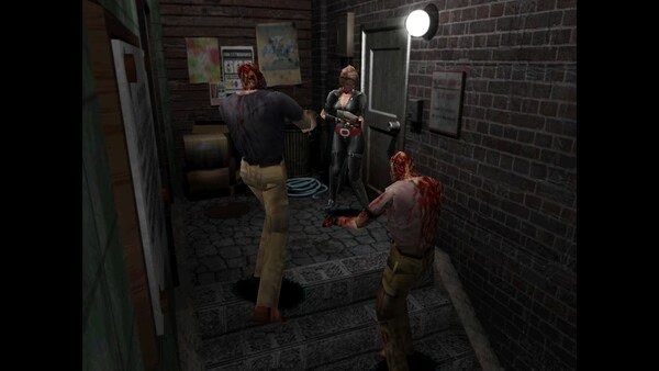 Resident Evil 3 Nemesis (1999) screenshot: A character confronts two zombies in a dimly lit brick alley with posters and a closed door.