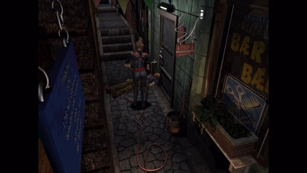 Screenshot from Resident Evil 3 Nemesis (1999), showing Jill Valentine in an alley inspecting a fallen man near a barbershop.