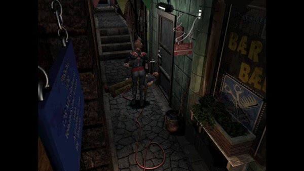 Screenshot from Resident Evil 3 Nemesis (1999), showing Jill Valentine in an alley inspecting a fallen man near a barbershop.