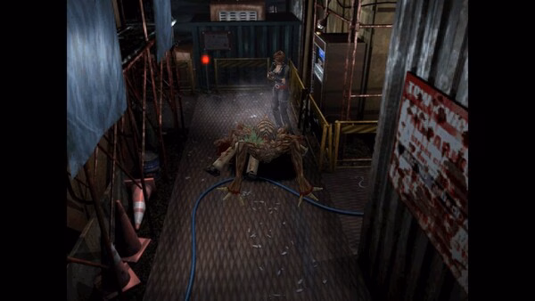 Resident Evil 3 Nemesis (1999) screenshot: A character stands over a defeated monster in a dimly lit industrial area with metal flooring.