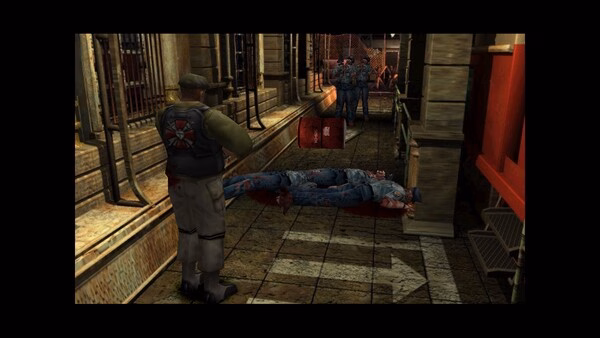 Resident Evil 3 Nemesis (1999) screenshot: A character stands in a corridor, observing fallen zombies and armed soldiers ahead.