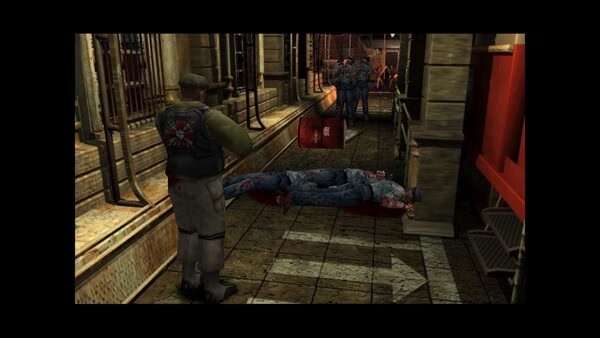Resident Evil 3 Nemesis (1999) screenshot: A character stands in a corridor, observing fallen zombies and armed soldiers ahead.