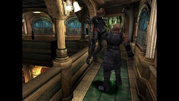 Screenshot from Resident Evil 3 Nemesis (1999) showing Jill Valentine facing Nemesis on a narrow, ornate balcony.
