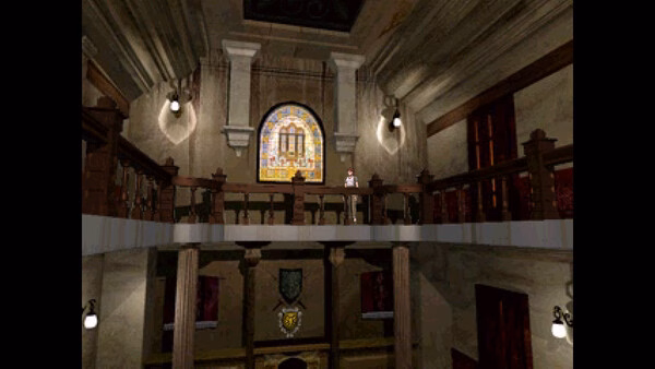 Screenshot of Resident Evil (1996) showing a character on a balcony in a dimly lit mansion interior.