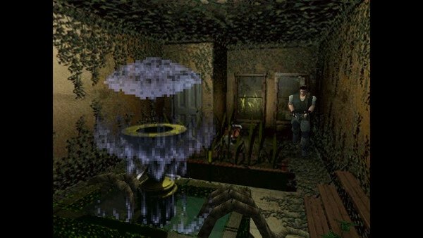 Resident Evil (1996) screenshot: A character explores a dimly lit room with a fountain and overgrown plants.