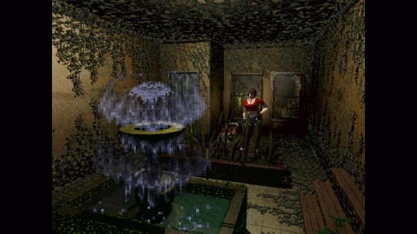 Resident Evil (1996) screenshot: Character stands near a water fountain in a dimly lit, overgrown room.